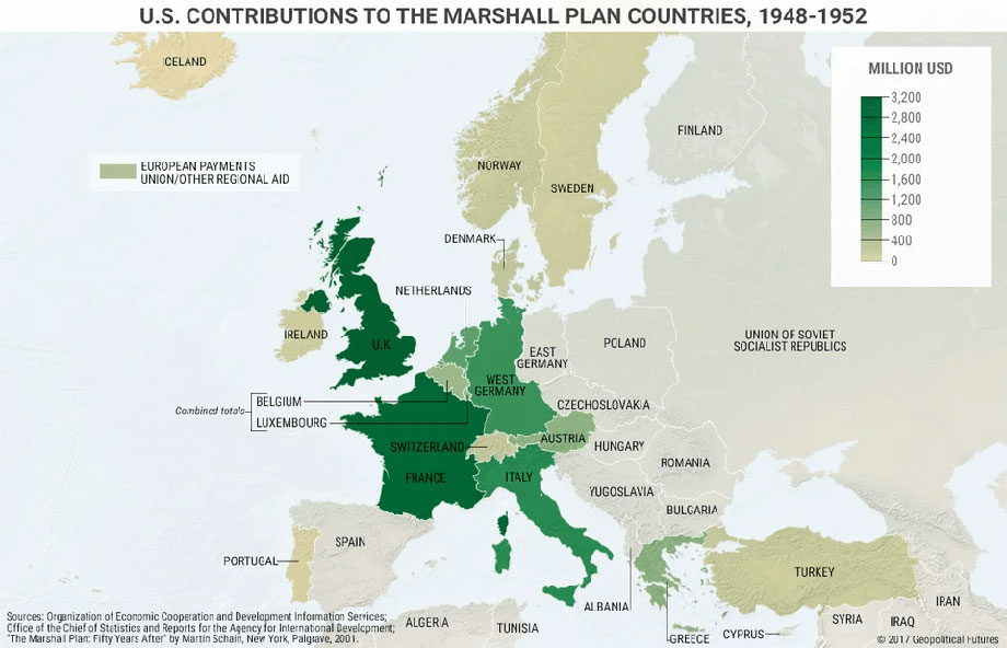 Image of the Marshall Plan map for Western Europe (1948-1952)