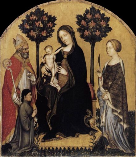 The painting Madonna with Child and Saints Nicholas and Catherine. 1405г. Gentile da Fabriano