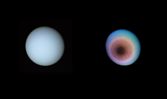 кольори Урана (ліворуч) та зображення, отримане за допомогою колірного фільтра (праворуч)
