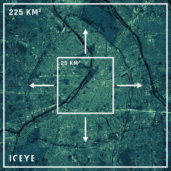 зображення із супутника ICEYE Spot У прикладі показаний Париж, Франція.