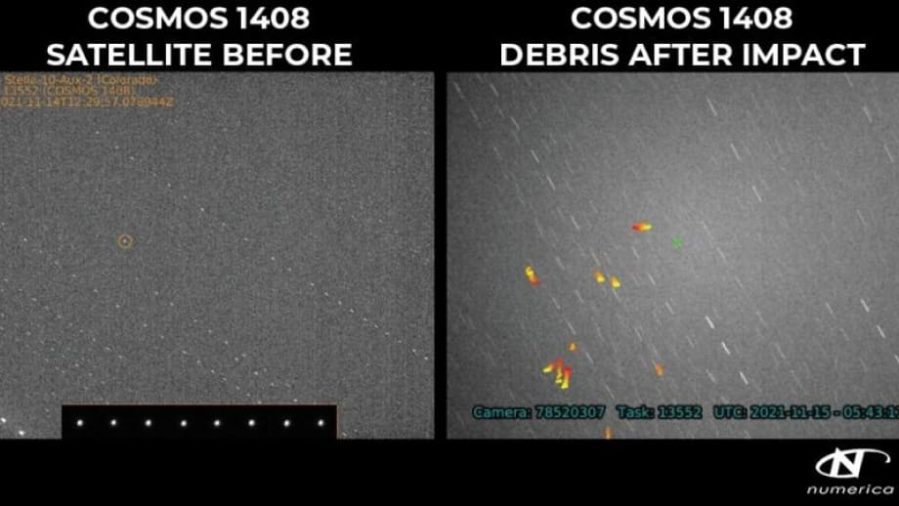 спутник Cosmos 1408 до и после попадания  ракеты