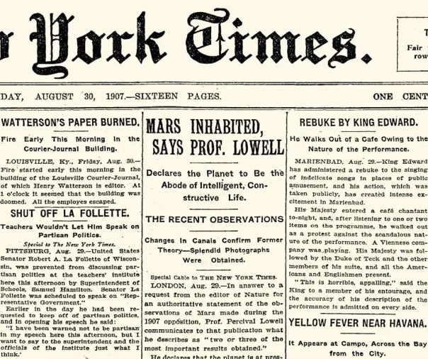 "Марс пригоден для жизни, утверждает профессор Лоуэлл". Статья в New York Times