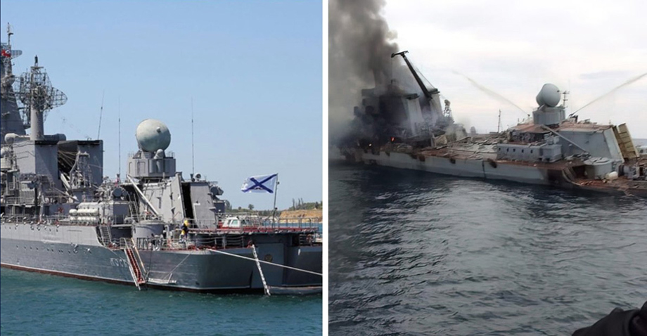 Russian Moskva flagship cruiser before and after Neptune anti-ship cruise missile