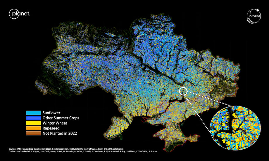 Ukraine crop yield map, compiled with NASA Harvest and provided by Planet