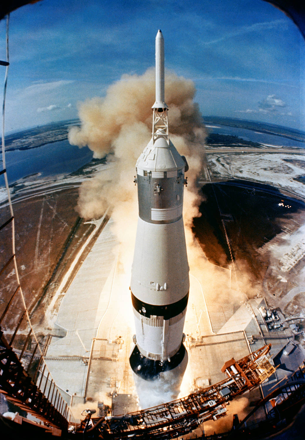 The historic launch of the Saturn V carrying the Apollo 11 crew on July 16, 1969.
