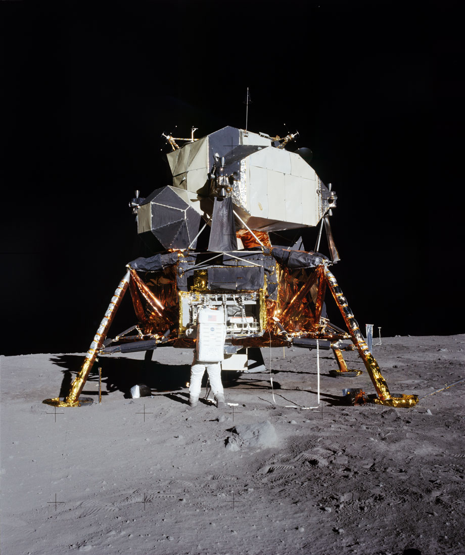 Buzz Aldrin next to the Lunar Module Eagle on the surface of the Moon, July 20, 1969